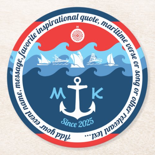 Monogram Anchor Waves Boat Red White Blue Nautical Round Paper Coaster