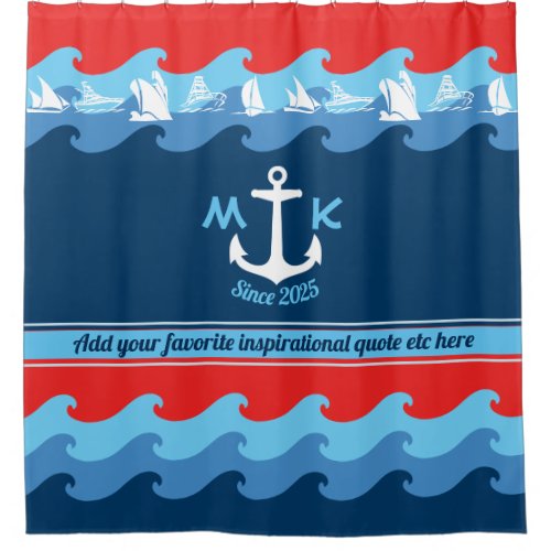 Monogram Anchor Waves Boat Red White Blue Nautical Shower Curtain