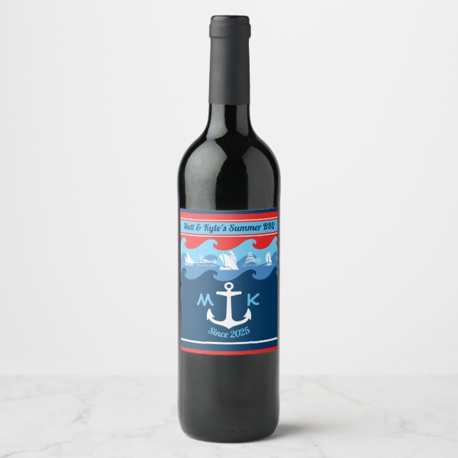 Monogram Anchor Waves Boat Red White Blue Nautical Wine Label (Front)