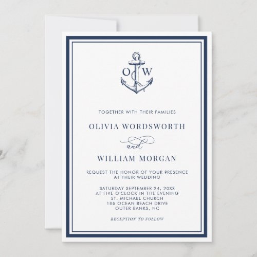 Monogram Anchor White Navy Nautical Wedding Invitation