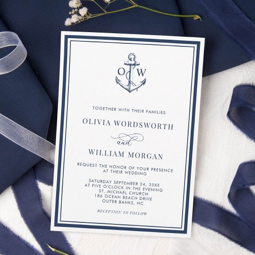 Monogram Anchor White Navy Nautical Wedding Invitation