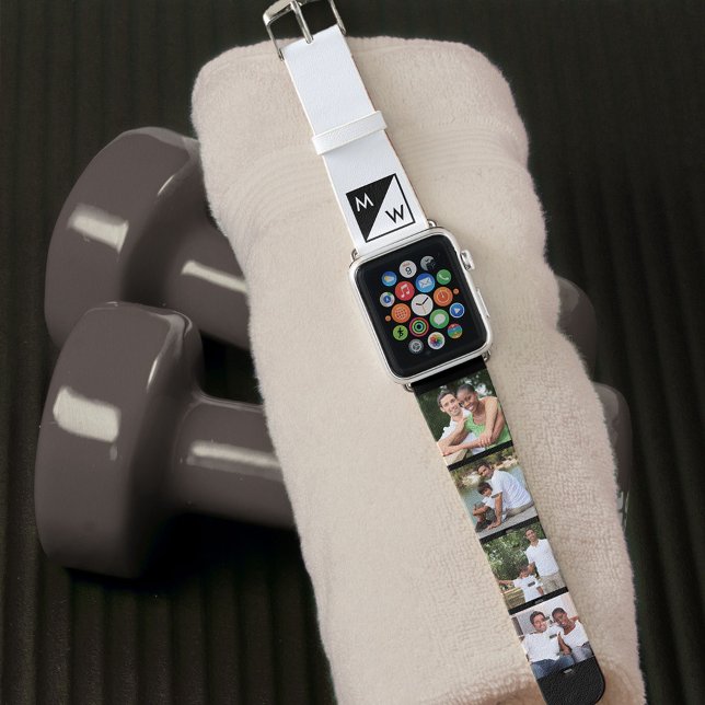 Monogram and 4 Photo Collage Black and White Apple Watch Band (Creator Uploaded)