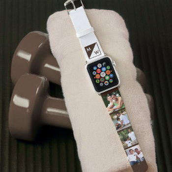 Monogram And 4 Photo Collage Brown And White Apple Watch Band by darlingandmay at Zazzle