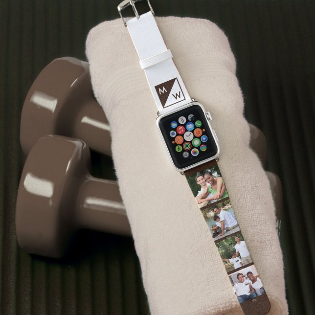 Monogram and 4 Photo Collage Brown and White Apple Watch Band (Creator Uploaded)