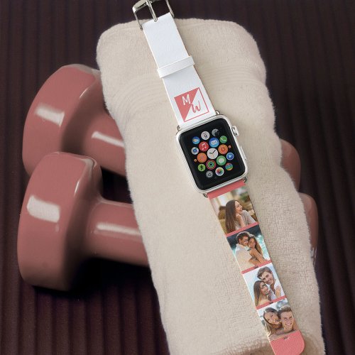 Monogram and 4 Photo Collage Coral and White Apple Watch Band