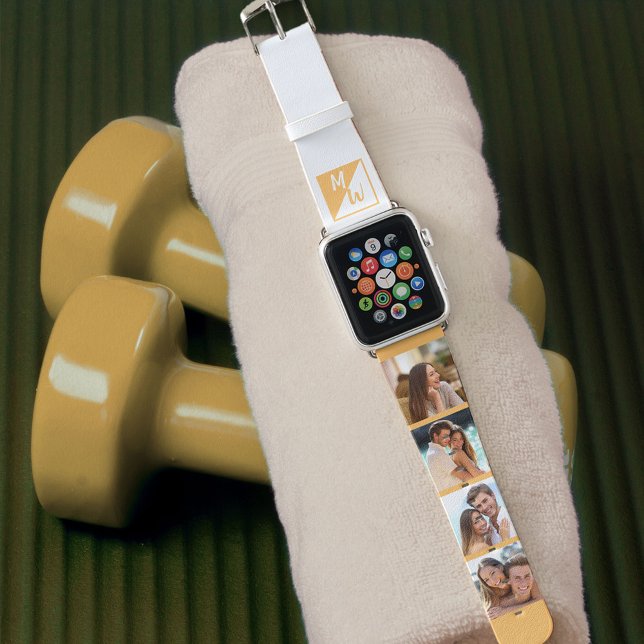 Monogram and 4 Photo Collage Yellow and White Apple Watch Band (Creator Uploaded)