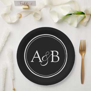 Monogram and Ampersand Couple's Black and White Paper Plates