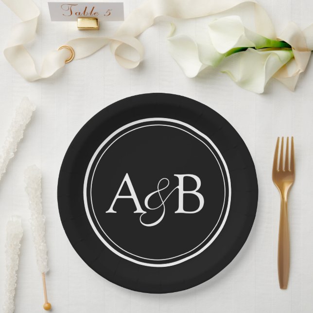 Monogram and Ampersand Couple's Black and White Paper Plates (Wedding)