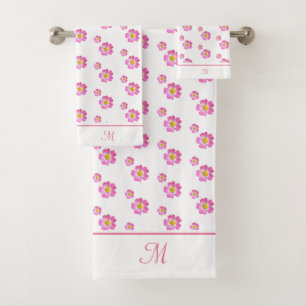 Monogram and Beautiful Pink Flowers on White Bath Towel Set