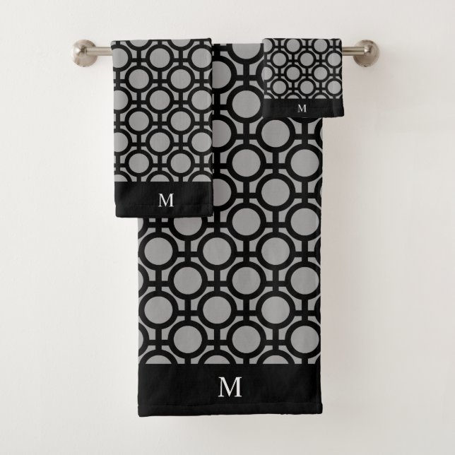 Monogram and Black Abstract Circles on Gray Bath Towel Set (Insitu)
