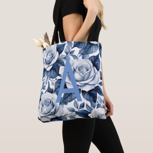 Monogram and Blue Roses Tote Bag