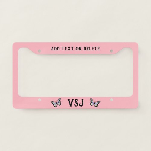 Monogram and Butterflies on Pink License Plate Frame