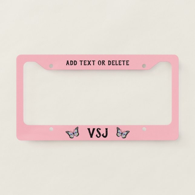 Monogram and Butterflies on Pink License Plate Frame (Front)