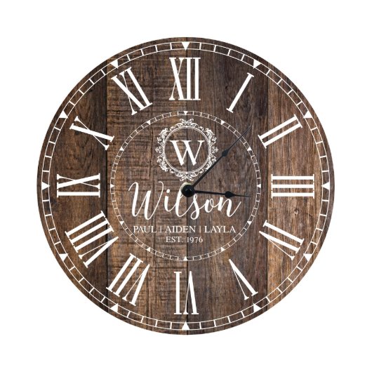 Monogram and Family Name Wooden Wall Clock (Front)