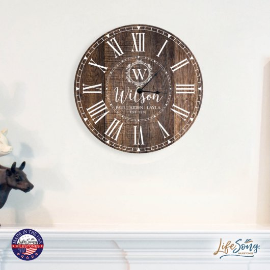Monogram and Family Name Wooden Wall Clock (Lifestyle)
