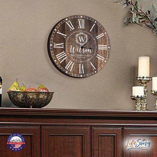 Monogram and Family Name Wooden Wall Clock (Lifestyle)