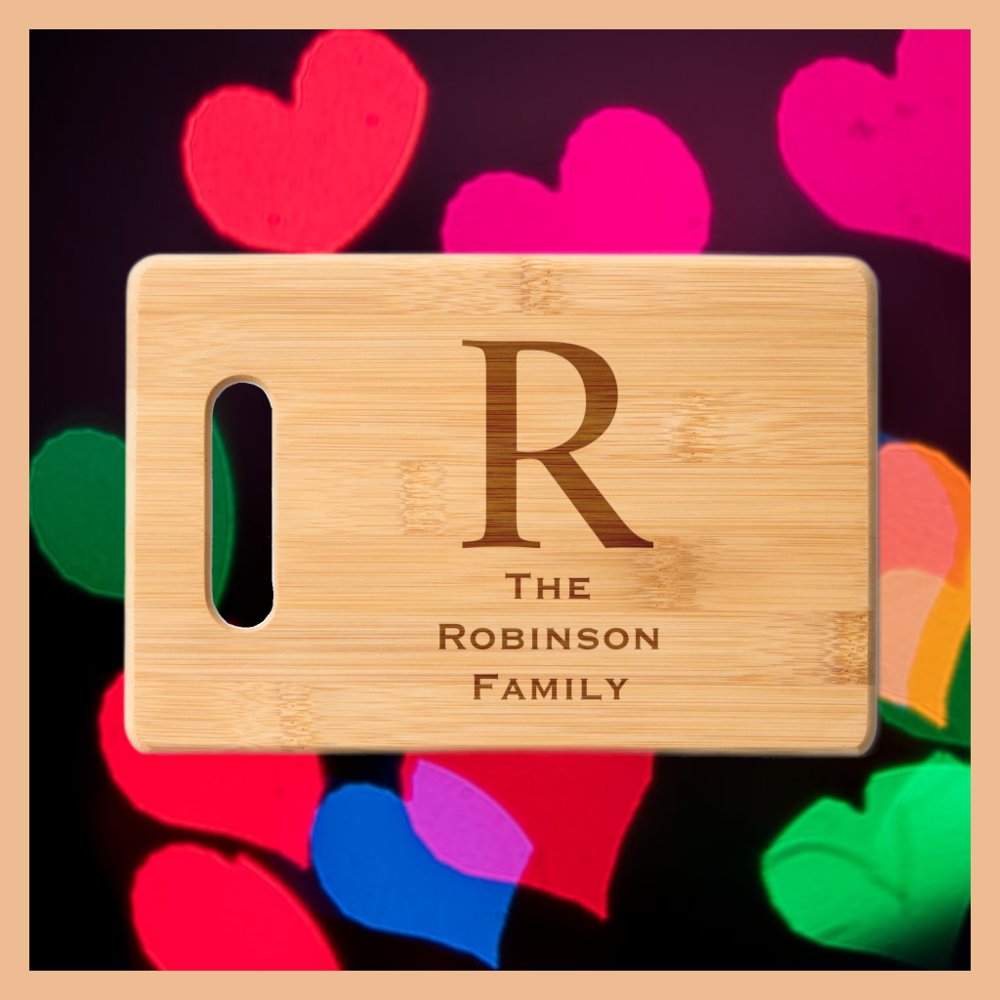 Discover Monogram and Family Name (your text) Etched Bamboo Personalized Cutting Board