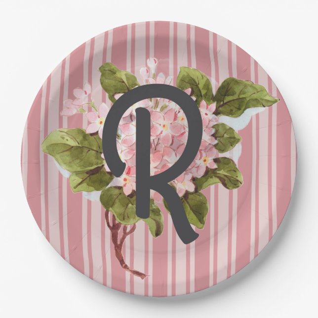 Monogram and Flowers on Pink Stripes Paper Plates (Front)