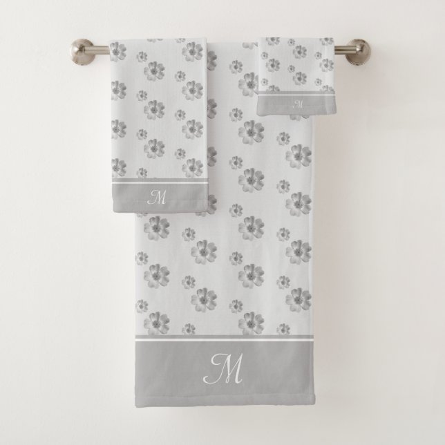 Monogram and Flowers on Silver Gray Bath Towel Set (Insitu)