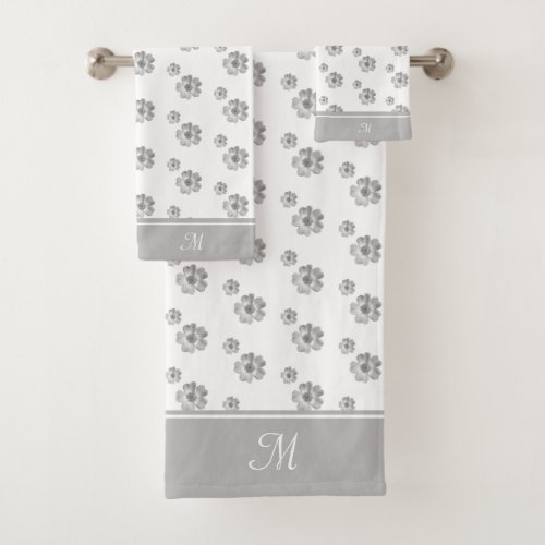 Monogram and Flowers on Silver Gray  White Bath Towel Set