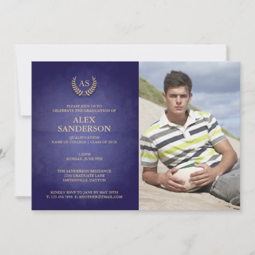 Monogram and Gold Laurel Wreath Graduation Invitation