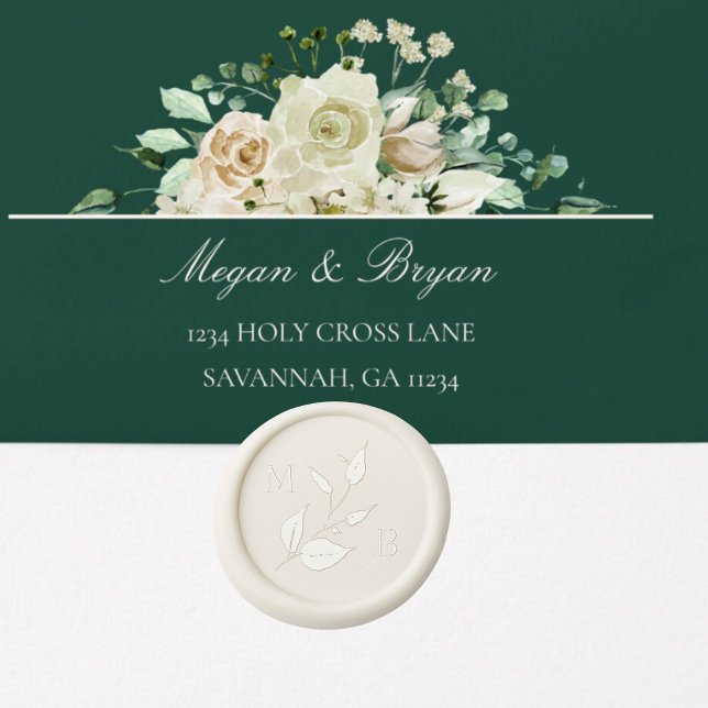 Monogram and Leafy Greenery Wedding Invitation Wax Seal Sticker (These wax seals, which feature your mongram and a leafy branch, add a special touch to your suite)