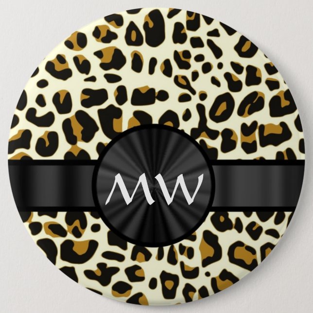 Monogram and leopard print pinback button (Front)