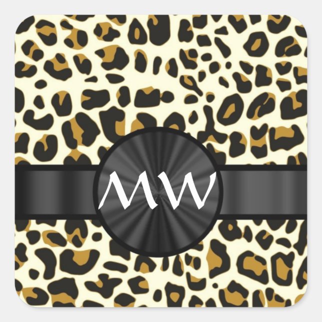 Monogram and leopard print square sticker (Front)