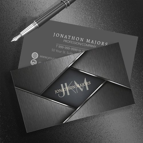 Monogram and Metal Polygon Charcoal Gray ID1039 Business Card