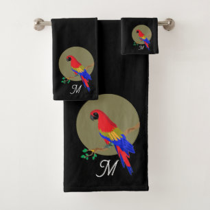 Monogram and Modern Colorful Parrot on Black Bath Towel Set