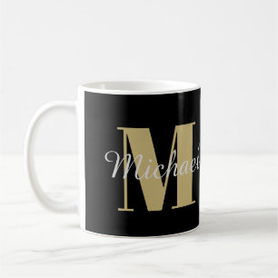 Monogram and Name Black and Gold Coffee Mug