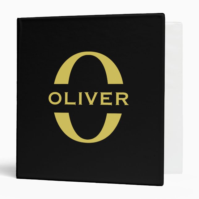 Monogram And Name Black And Gold Personalized 3 Ring Binder (Front/Inside)