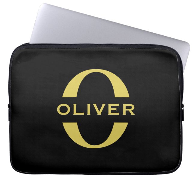 Monogram And Name Black And Gold Personalized Laptop Sleeve (Front)