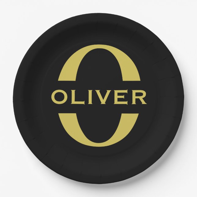 Monogram And Name Black And Gold Personalized Paper Plates (Front)