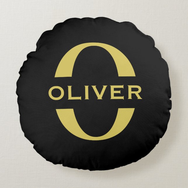 Monogram And Name Black And Gold Personalized Round Pillow (Front)