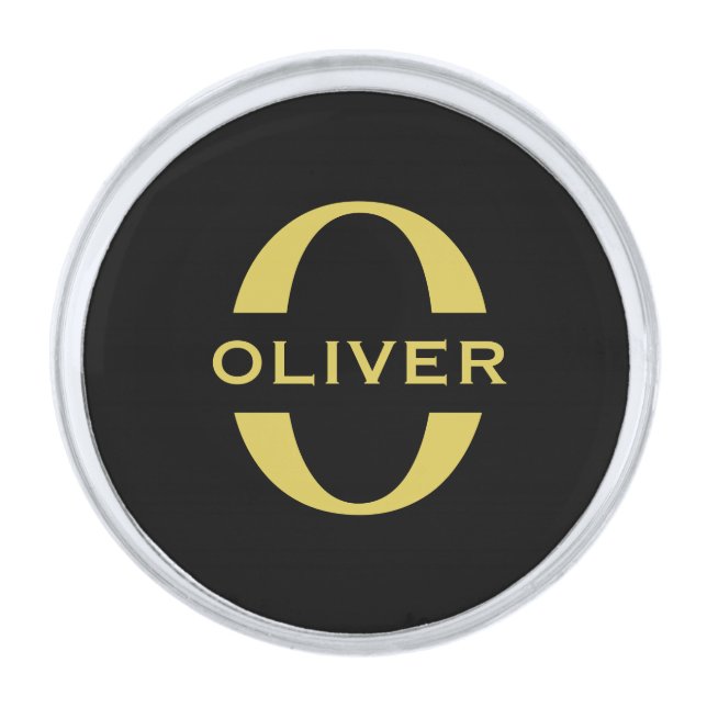 Monogram And Name Black And Gold Personalized Silver Finish Lapel Pin (Front)