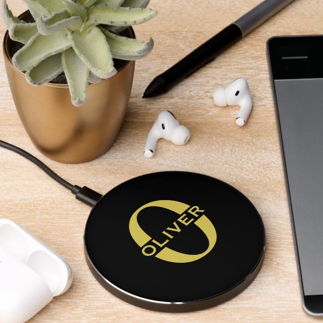 Monogram And Name Black And Gold Personalized Wireless Charger (Desk 2)