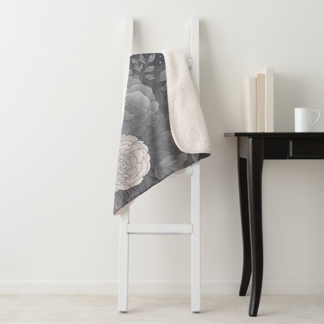 Monogram and name Black and white rose print Sherpa Blanket (In Situ)