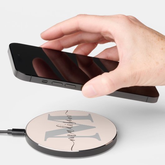 Monogram and Name Blush Pink Gray Wireless Charger (Hand)