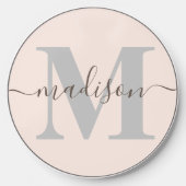 Monogram and Name Blush Pink Gray Wireless Charger (Front)