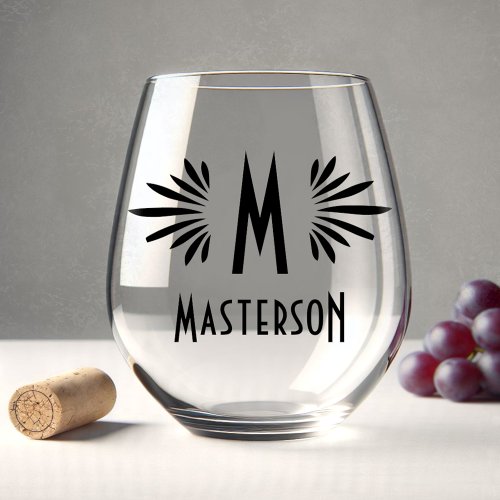 Monogram and Name Custom Art Deco Black Flourish Stemless Wine Glass
