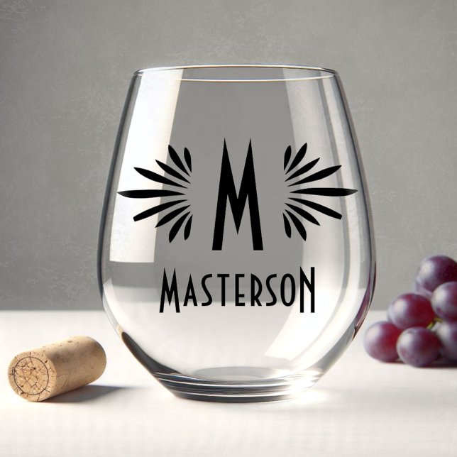 Monogram and Name Custom Art Deco Black Flourish Stemless Wine Glass (Creator Uploaded)
