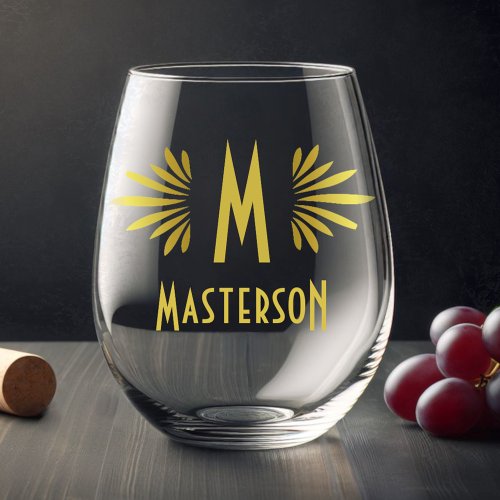 Monogram and Name Custom Art Deco Gold Flourish Stemless Wine Glass