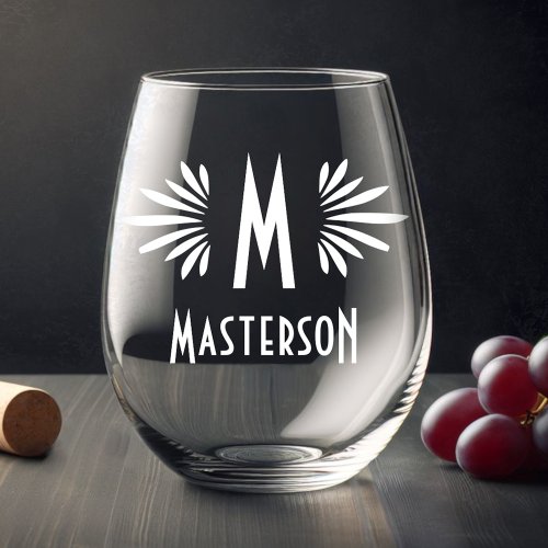 Monogram and Name Custom Art Deco White Flourish Stemless Wine Glass