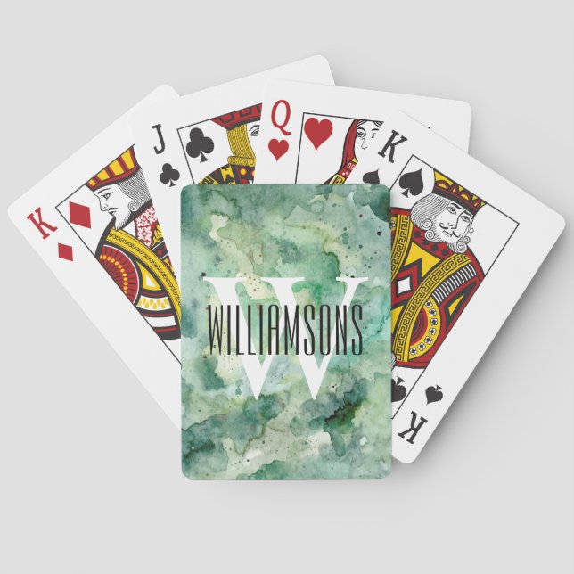 Monogram and Name Custom Green Watercolor Poker Cards (Back)