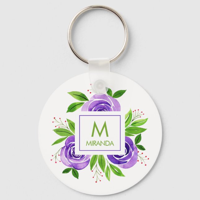 Monogram and Name Floral Custom Keychain (Front)