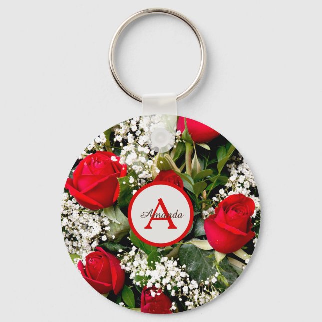  Monogram and name on mdern red roses bouquet Keychain (Front)