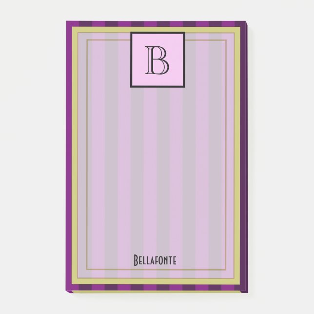 Monogram and name on purple striped pattern post-it notes (Front)