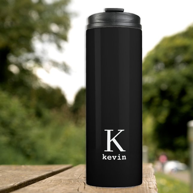 Monogram and name personalized black and white thermal tumbler (Creator Uploaded)
