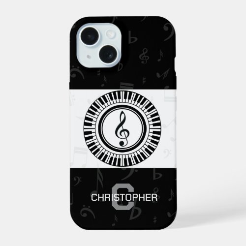 Monogram and name treble clef in piano keys iPhone 15 case